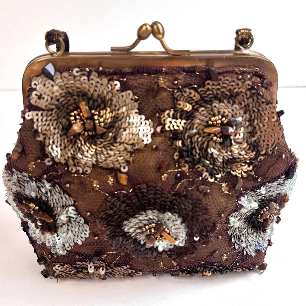 SANTI Y2K Brown Silk Beaded Sequin Tiger’s Eye Evening Luxury Hand Bag‎